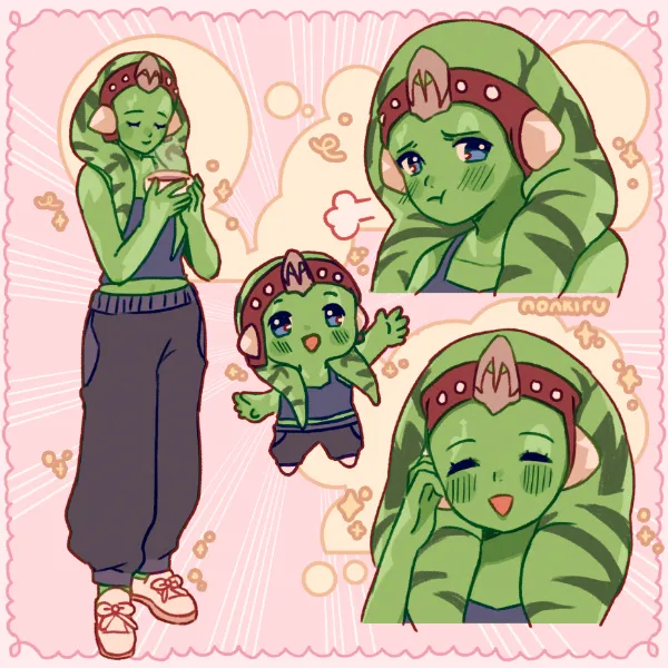 Commission for Vivi. A sketch page of a Twi'lek. They are drawn 4 times, one as a fullbody, one as a chibi, and two as headshots.