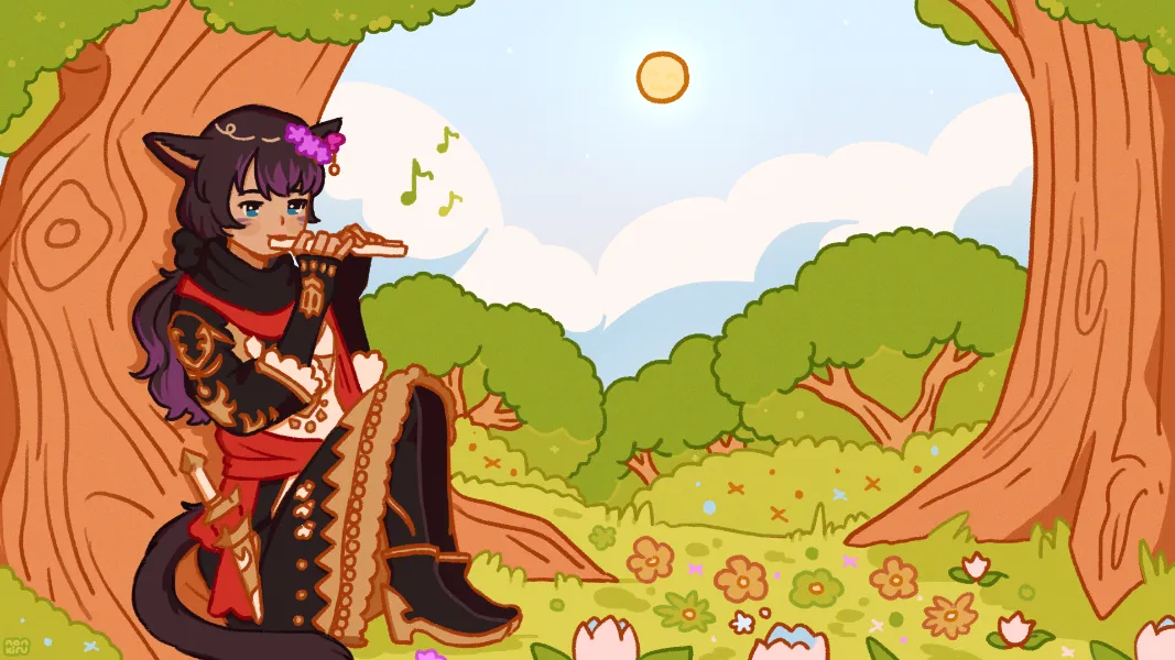 Commission for neaco23. An illustration of a Miqo'te, sitting in a forest and playing a flute.